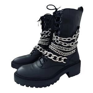 Zara Black Leather Chain Combat Boots 9.5